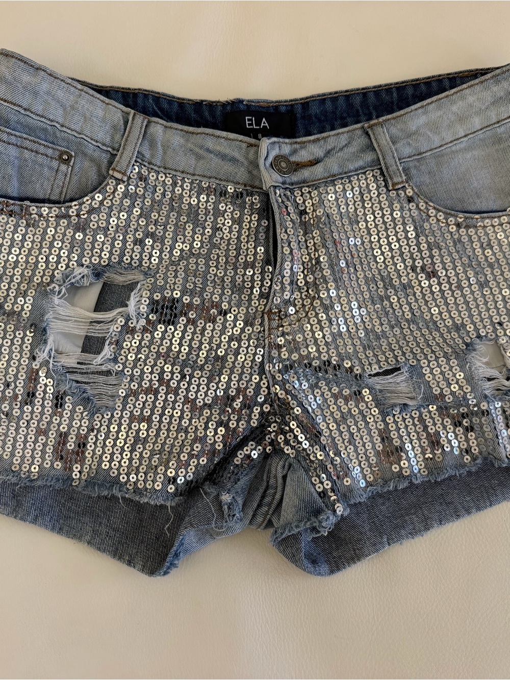 ELA Silver Sequin Distressed Denim Shorts - Women's